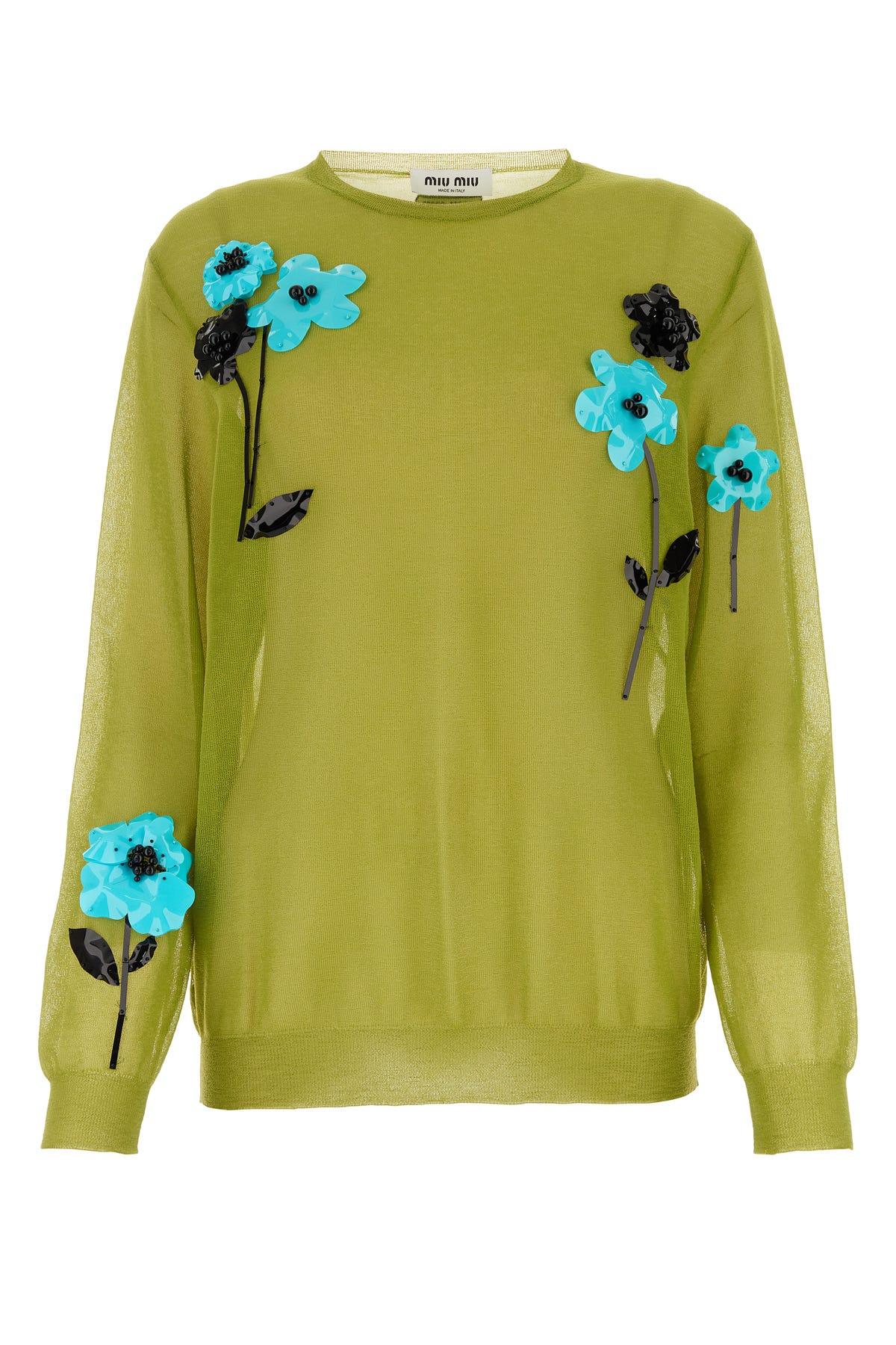 Miu Miu Floral-appliqué Crew-neck Jumper in Green | Lyst Miu Miu Floral-appliqué Crew-neck Jumper in Green | Lyst