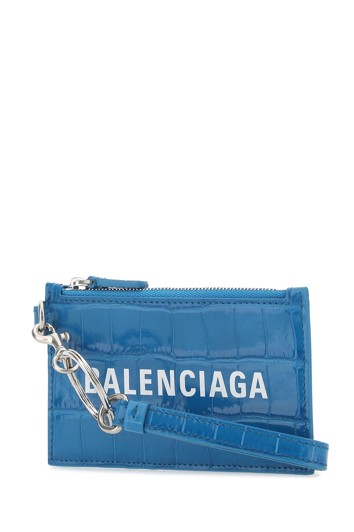 Balenciaga All Over Brand Print Black Leather Lanyard Card Holder Wallet