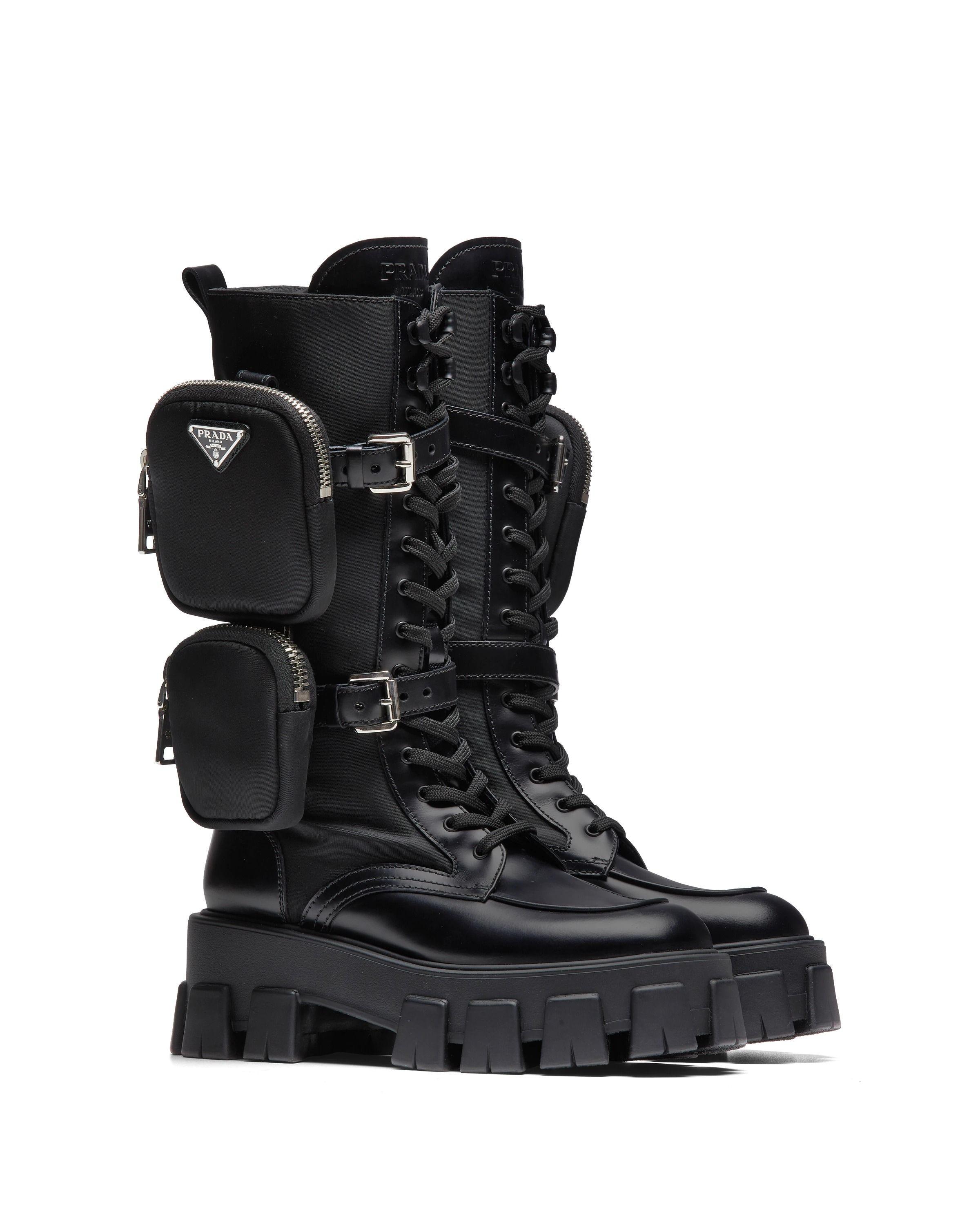 Prada Black Brushed Rois Leather And Nylon Monolith Boots | Lyst