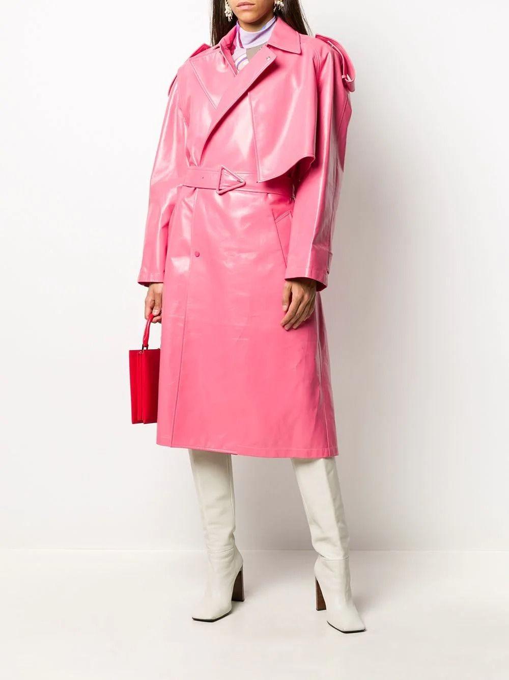 pink leather trench coat