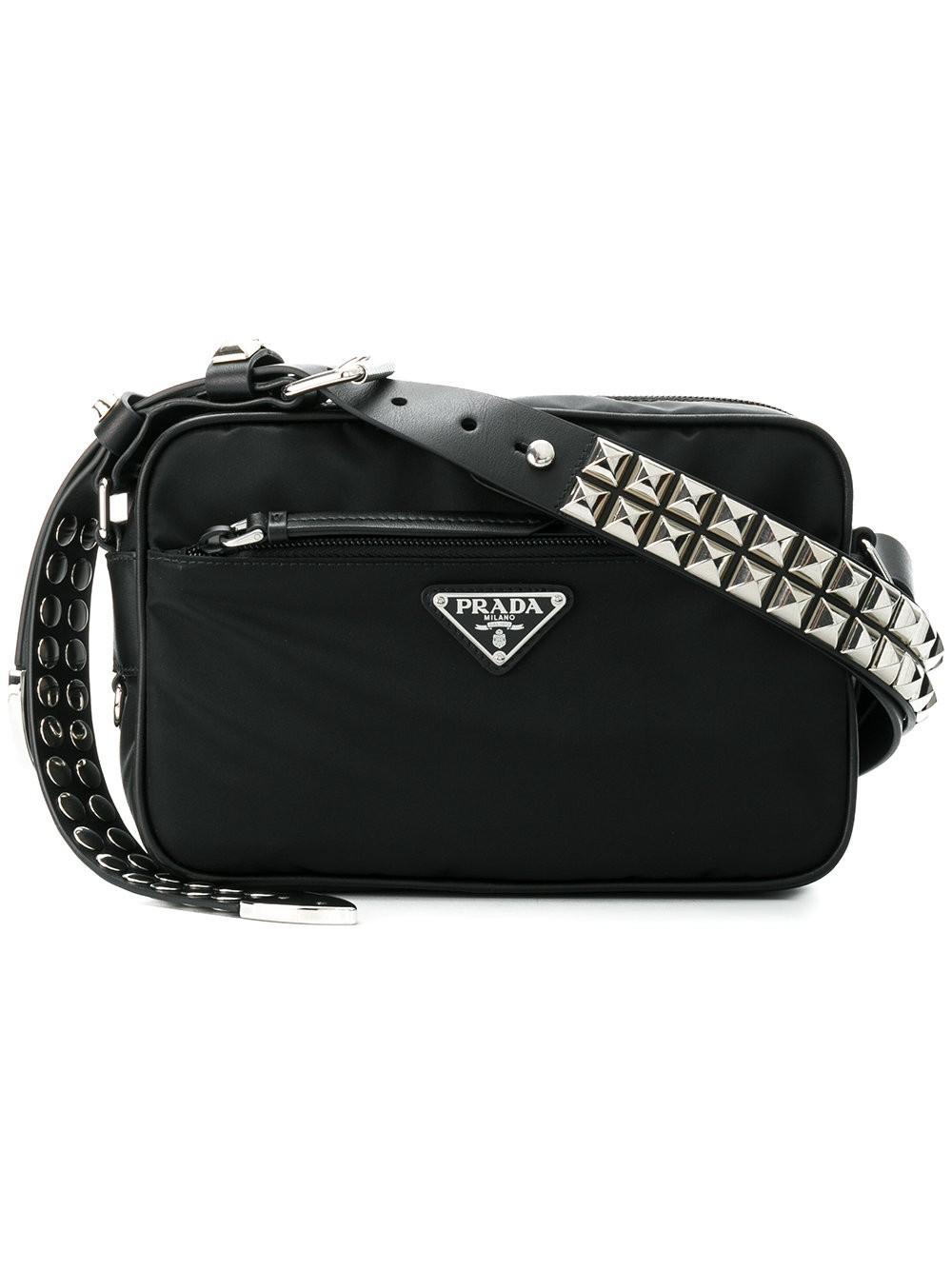 Prada Synthetic Black Studded Strap Textile Shoulder Bag Lyst