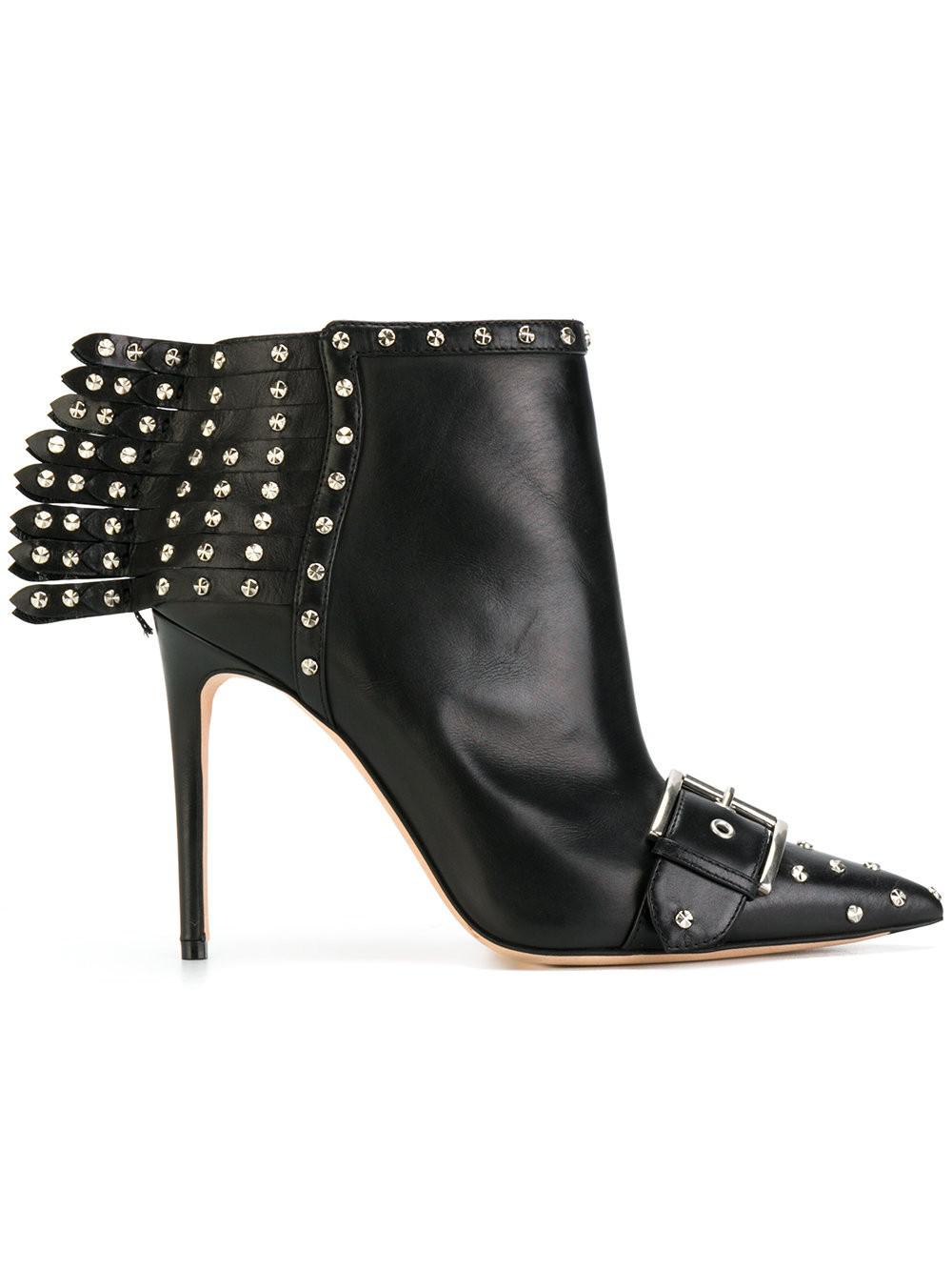 Alexander McQueen Leather Studded Fringe Heel Ankle Boots in Black - Lyst