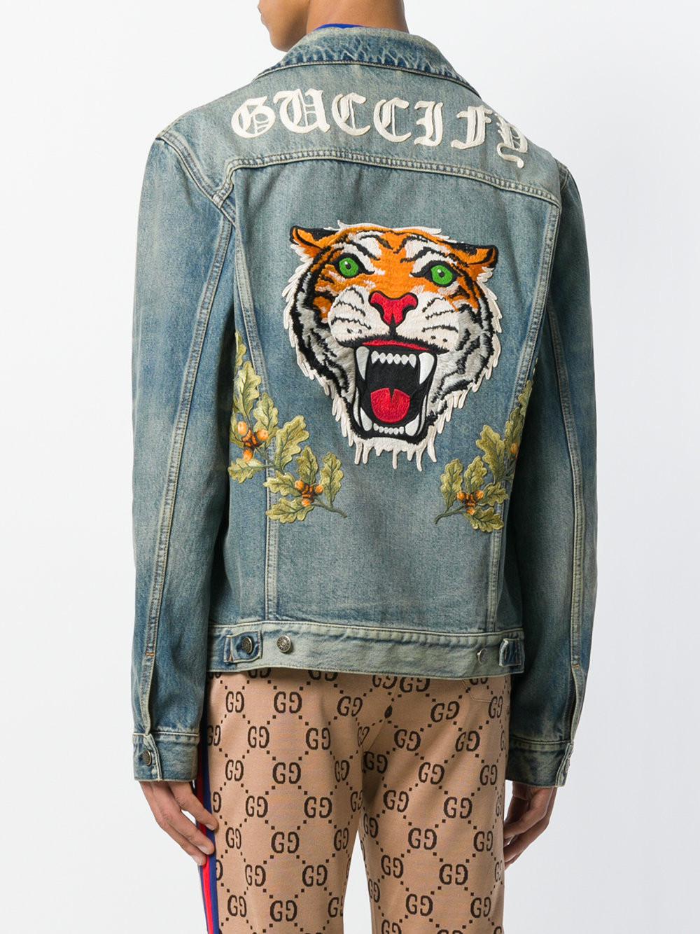 Gucci Tiger-embroidered Denim Jacket in Blue for Men - Lyst