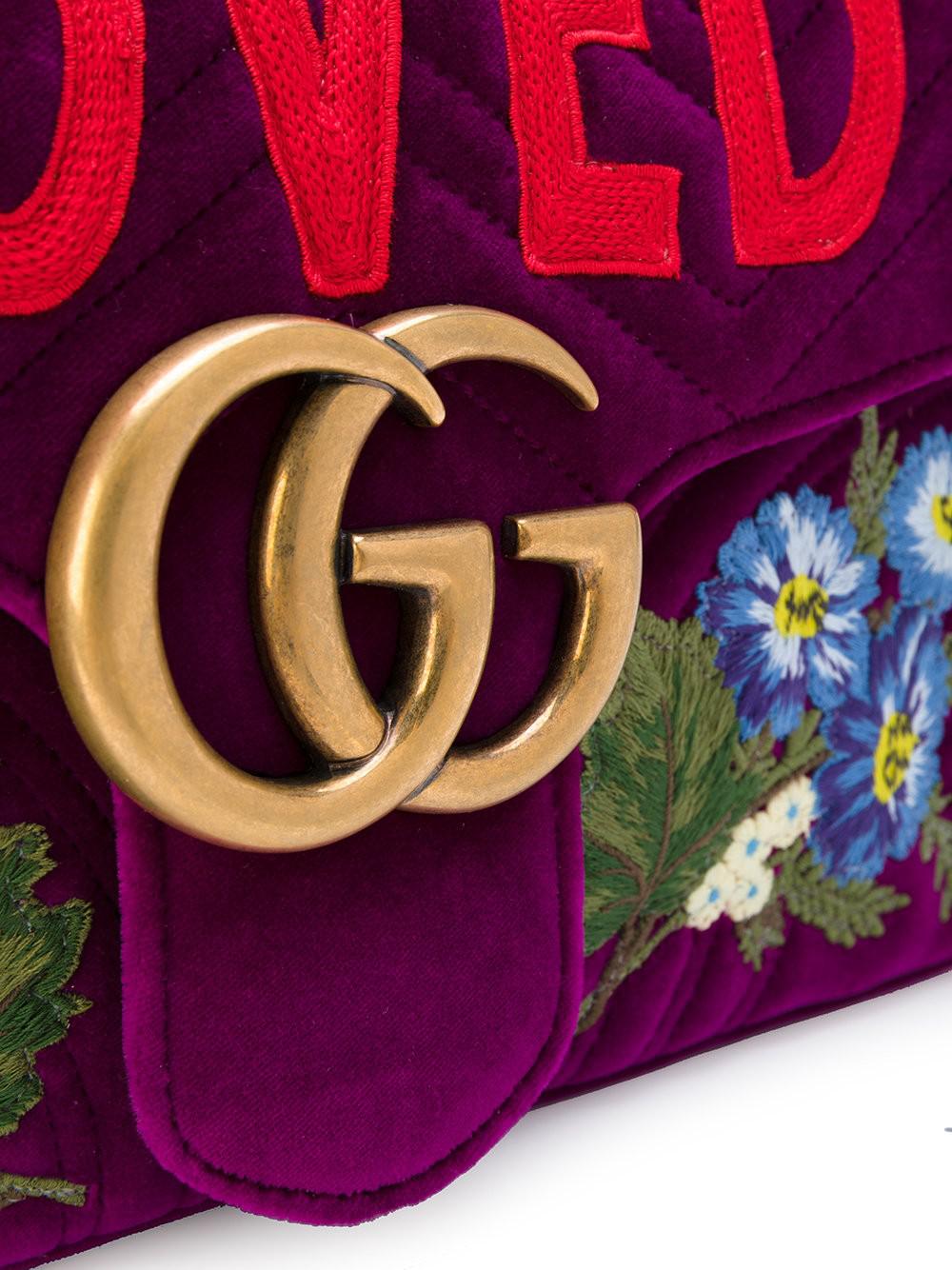 Gucci Purple Quilted Velvet Embroidered Loved Medium Marmont Bag