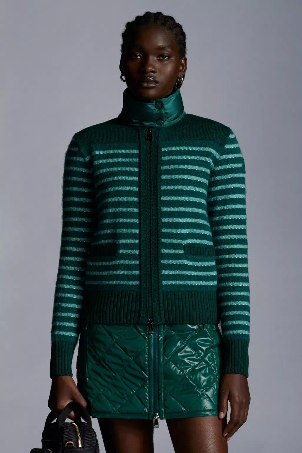 Moncler Green Striped Padded Cardigan | Lyst