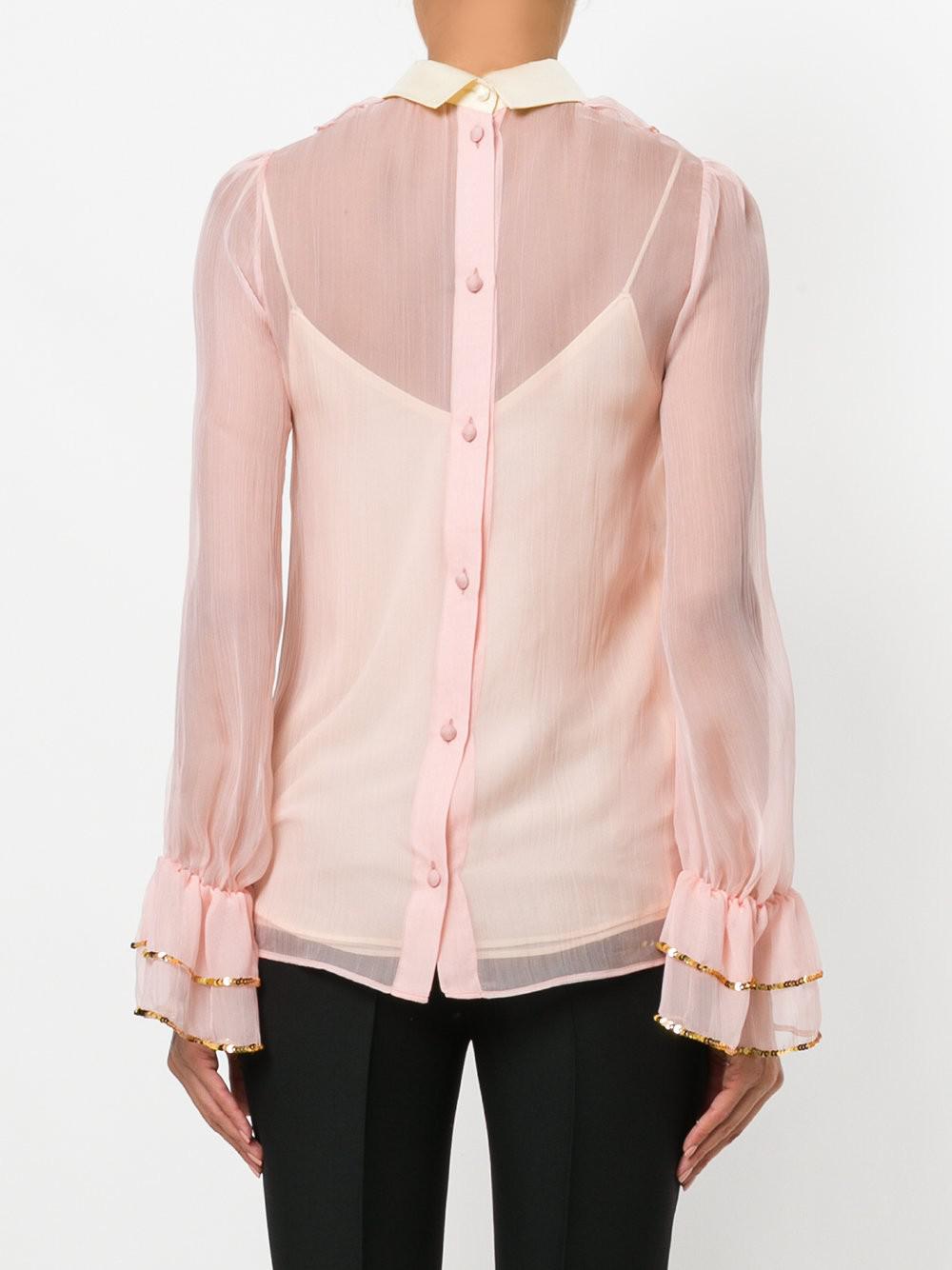 Gucci Sheer Sequin Trim Ruffle Blouse in Pink - Lyst