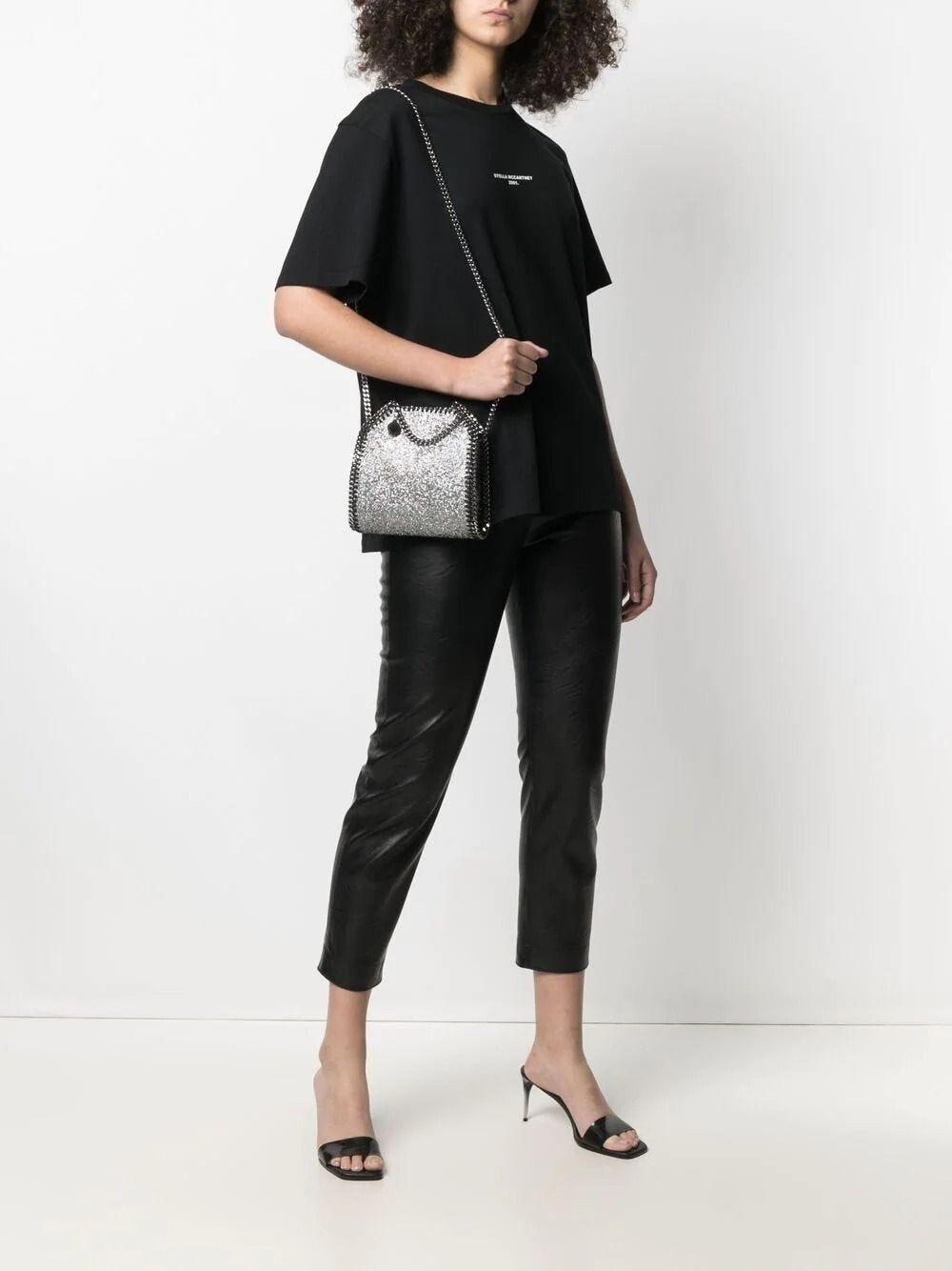 Women Black Falabella Mini Velvet and Crystal Chain Shoulder Bag