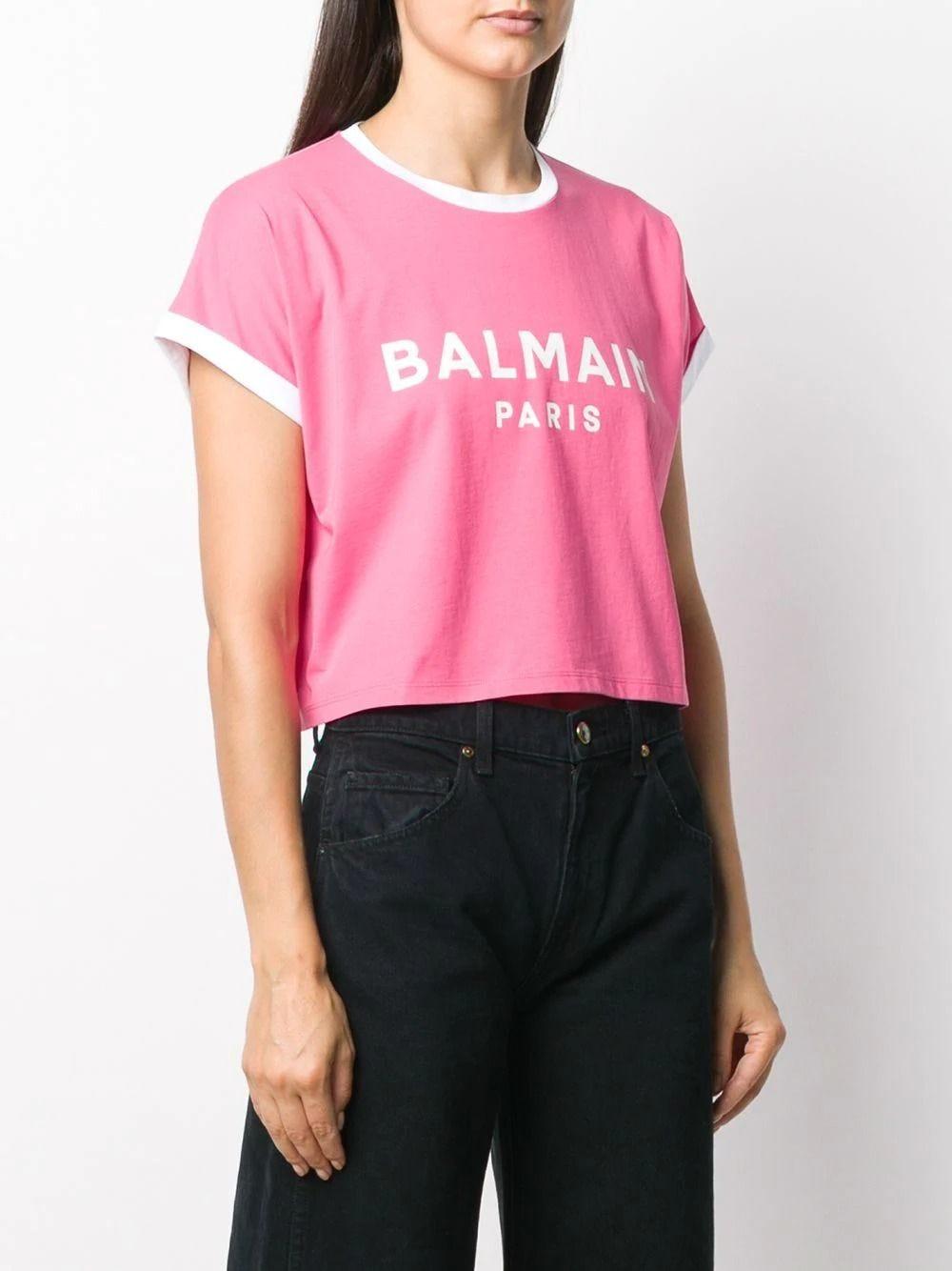balmain cropped flocked cotton jersey t shirt