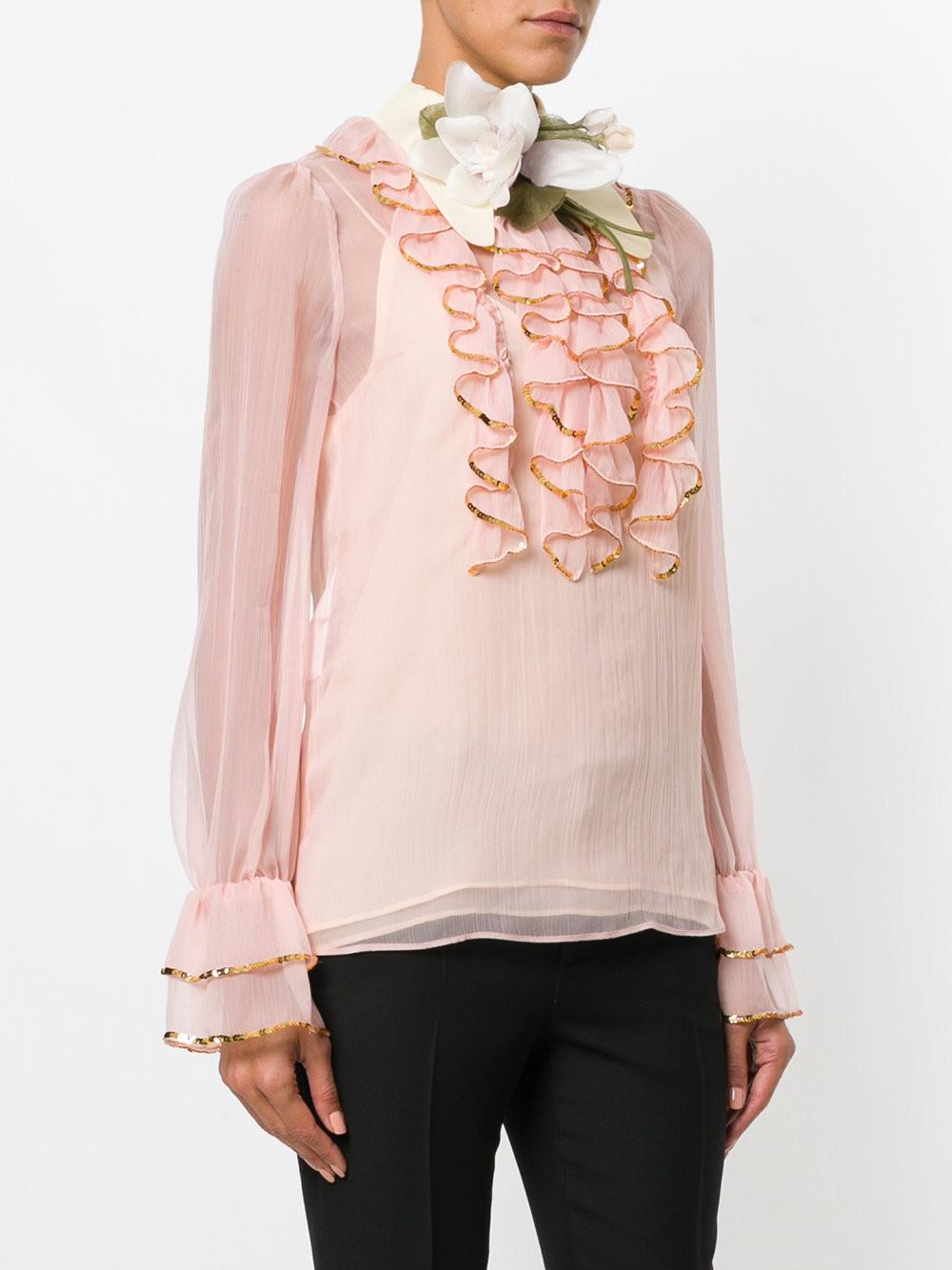 Gucci Sheer Sequin Trim Ruffle Blouse in Pink - Lyst
