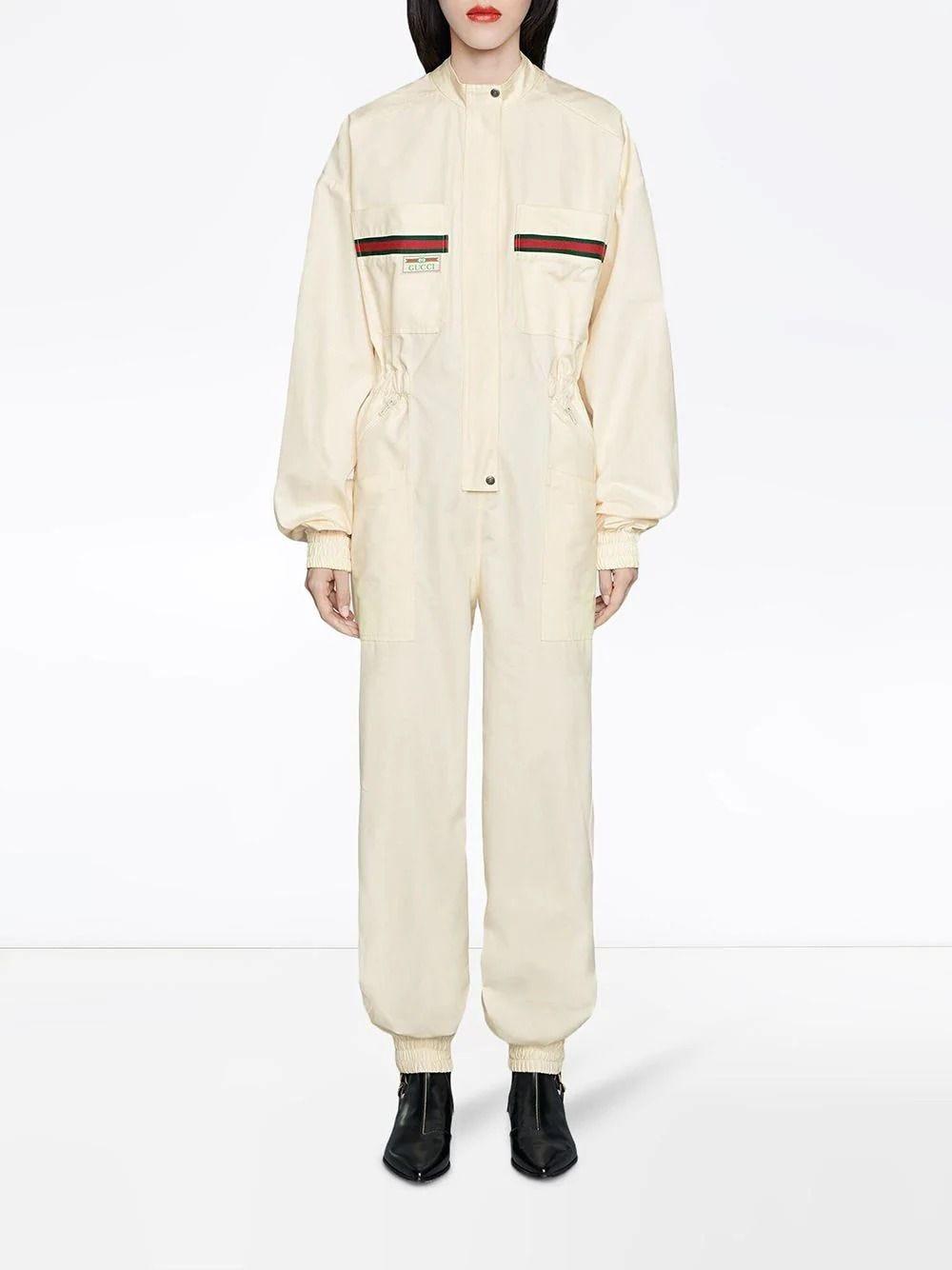 Gucci Embroidered Stripe-trim Cotton Jumpsuit in Natural | Lyst