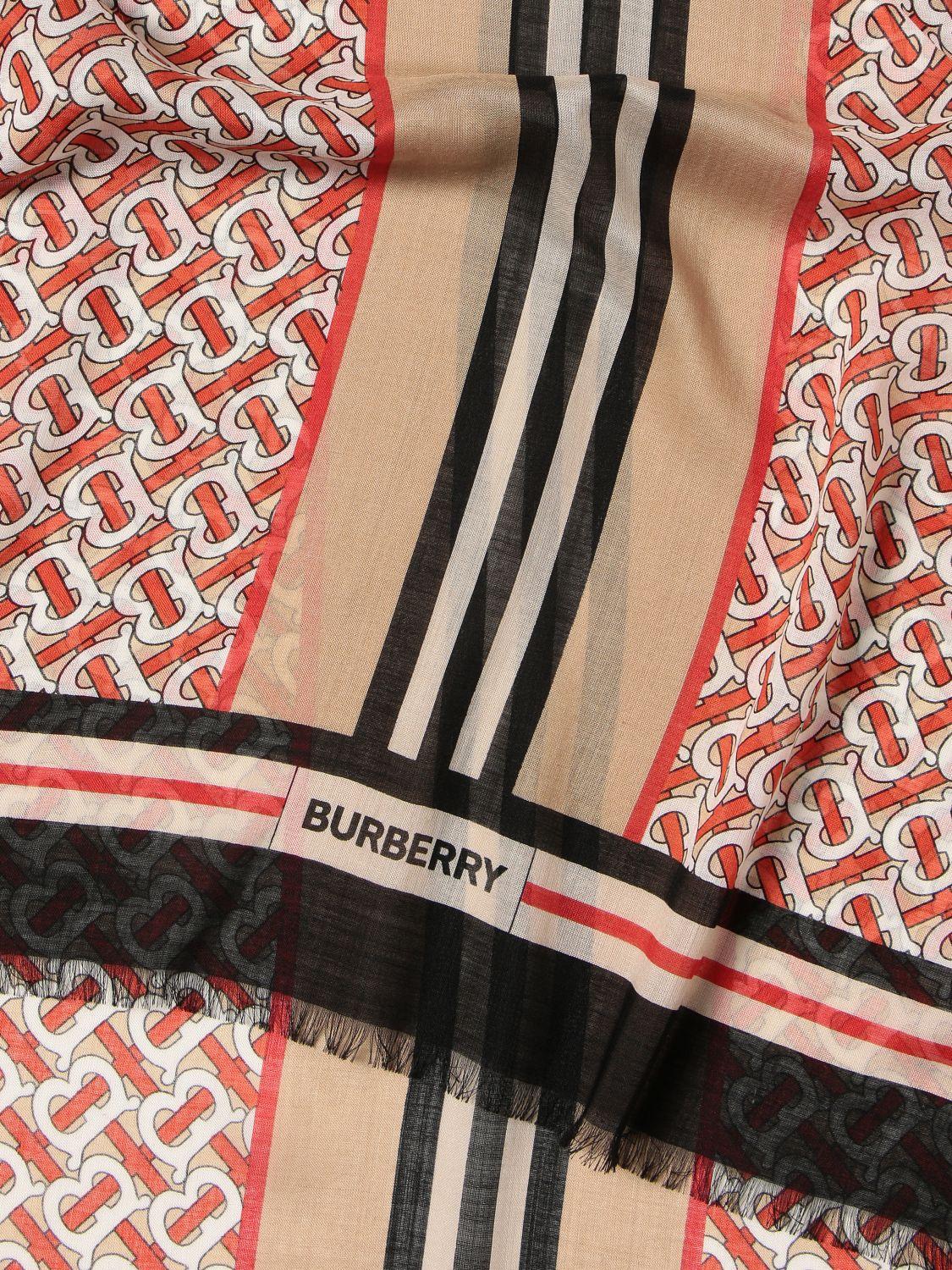 Burberry Wool And Silk Neck Scarf With Monogram Print And Stripes in Red |  Lyst