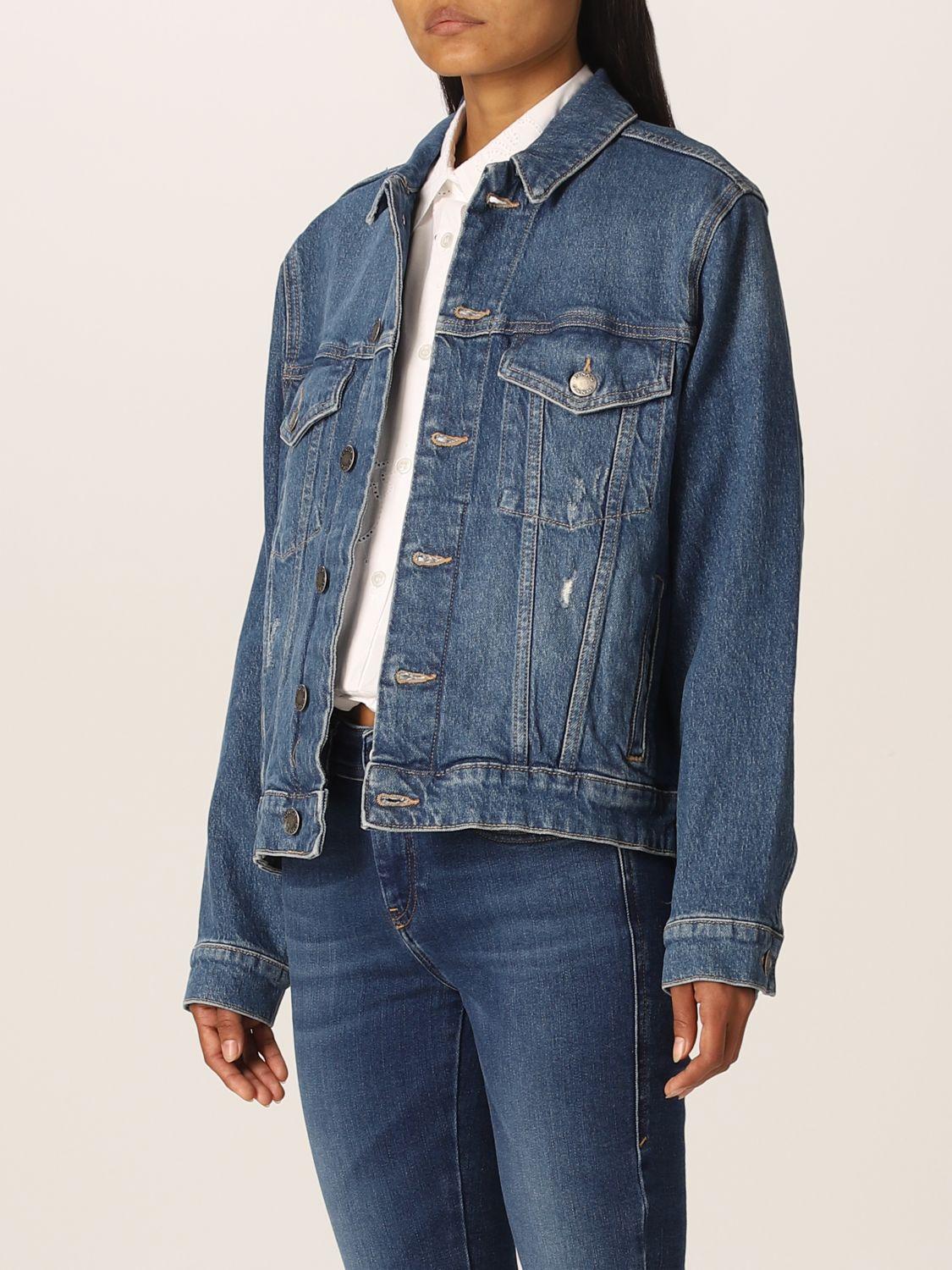 Pinko Jacket In Washed Denim With Logo And Rhinestones in Blue | Lyst