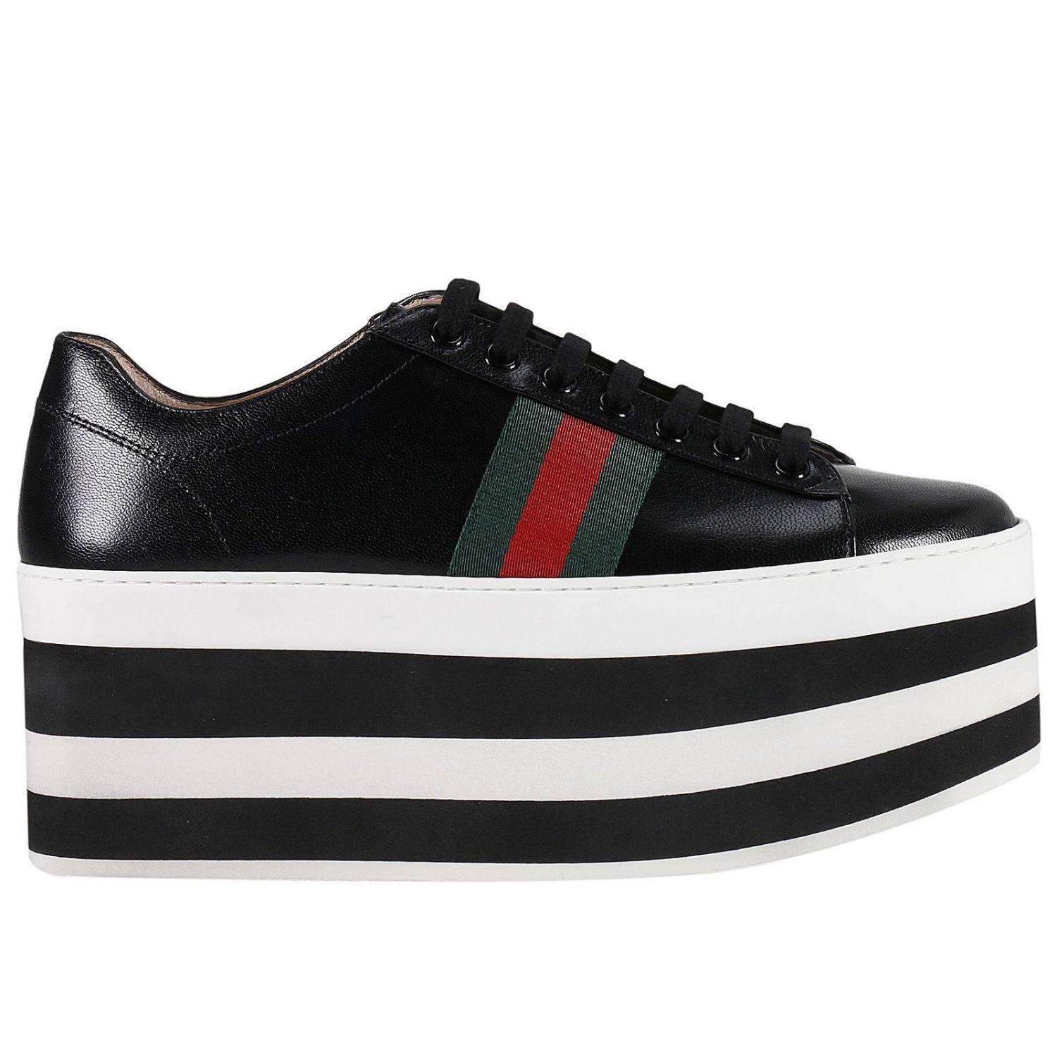 Gucci Leather Peggy Sneakers With Striped Maxi Plateau And Web Bands in ...