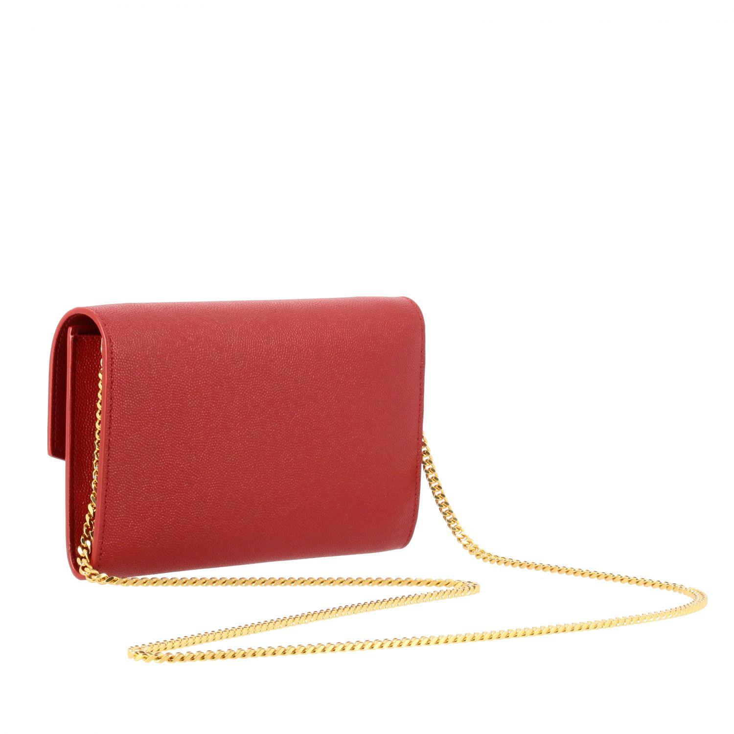 Ysl Red Grainy Leather Wallet on Chain