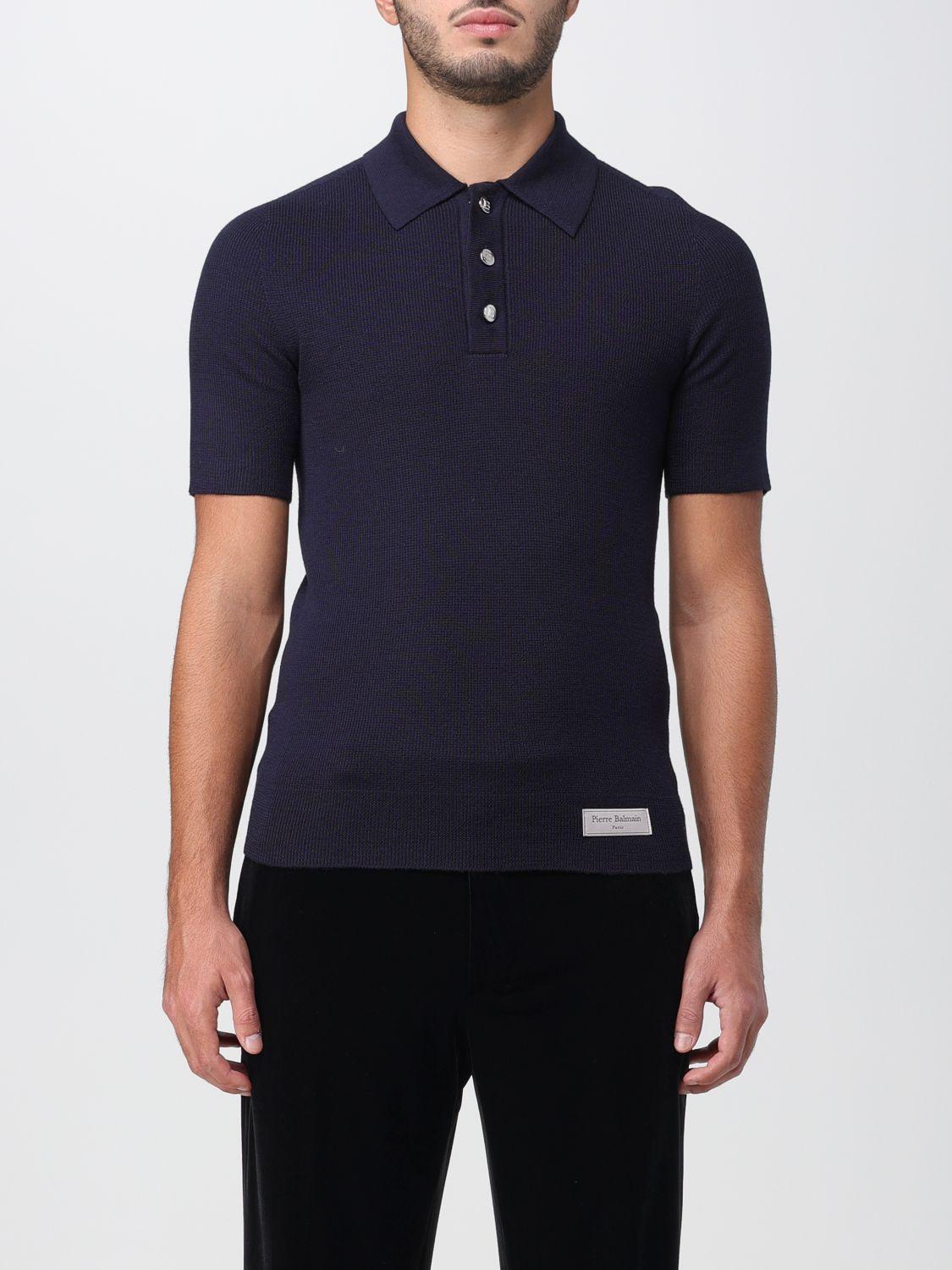 Navy Monogram-jacquard wool-blend polo shirt, Balmain