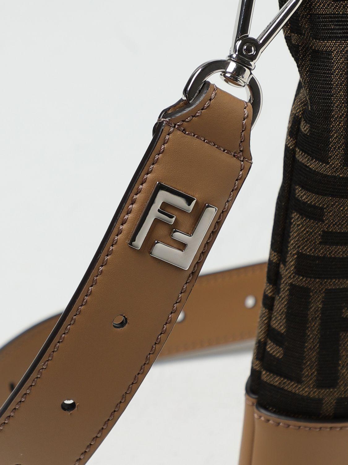 FENDI: leather and fabric pouch with jacquard FF monogram - Brown