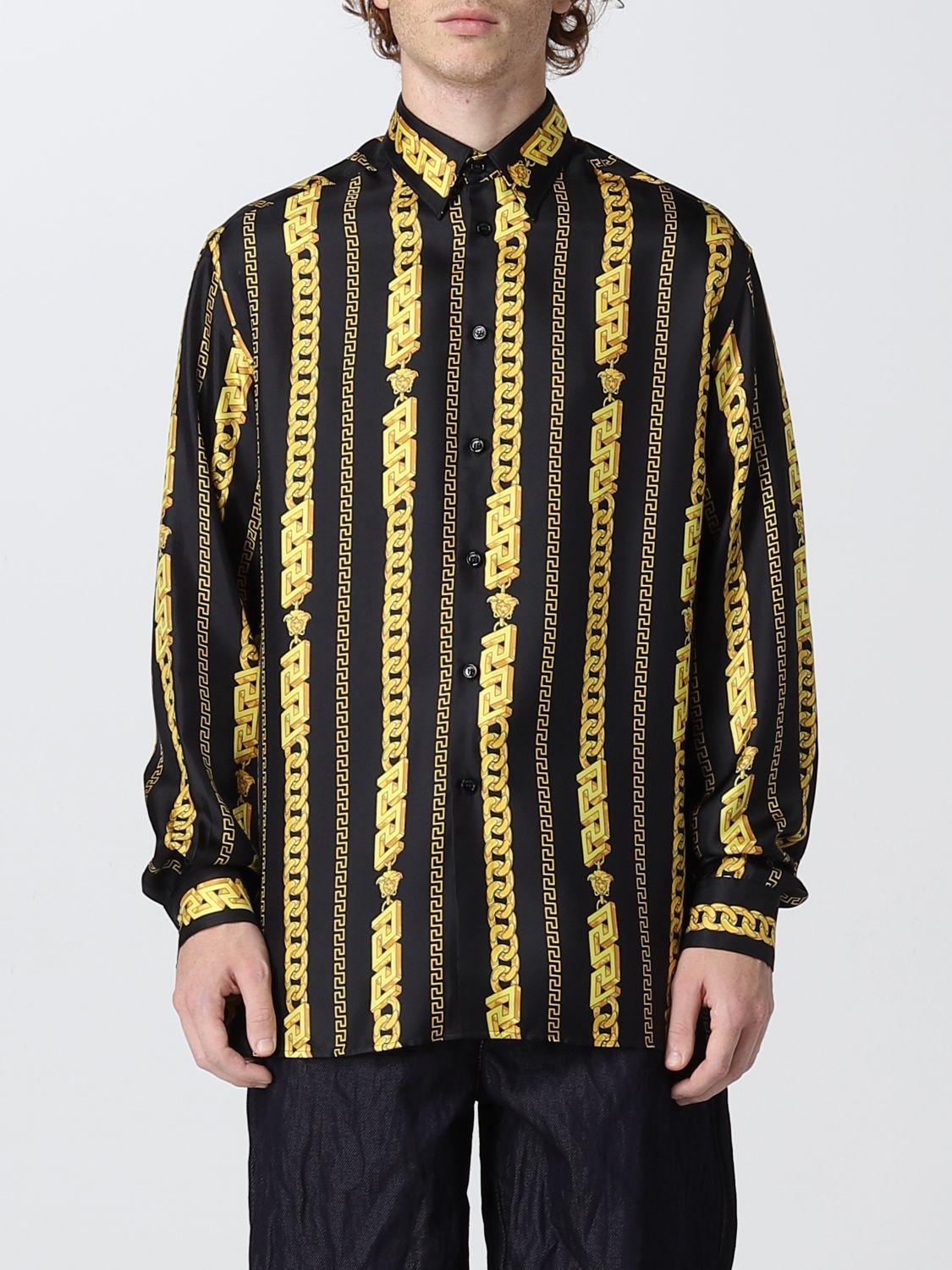 Versace Chain Pinstripe Silk Shirt in Black for Men | Lyst