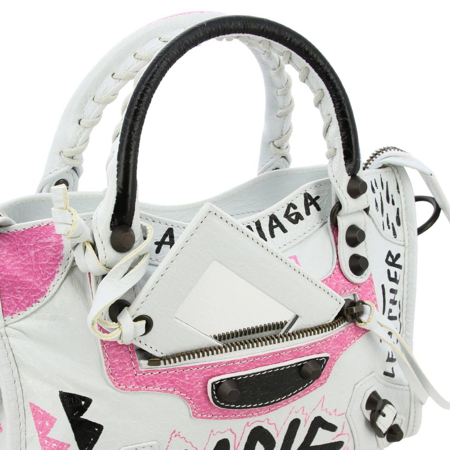 Best Quality 1:1 Mirror White & Pink Leather Balenciaga Graffiti Mini City  Bag