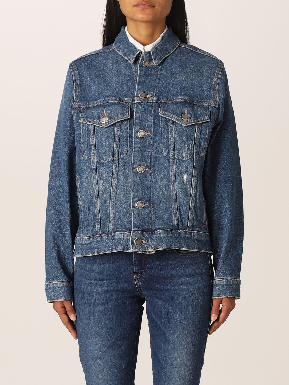 Allemaal native plakband Pinko Jacket In Washed Denim With Logo And Rhinestones in Blue | Lyst