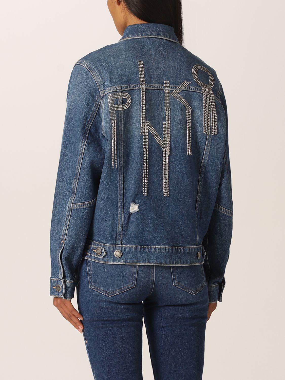 Pinko Jacket In Washed Denim With Logo And Rhinestones in Blue | Lyst