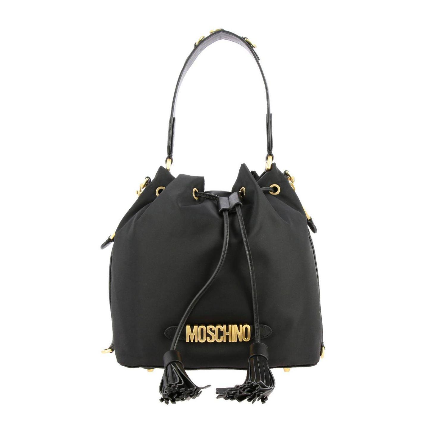 Moschino Couture Bucket Bag In Nylon With Metallic Lettering in Black