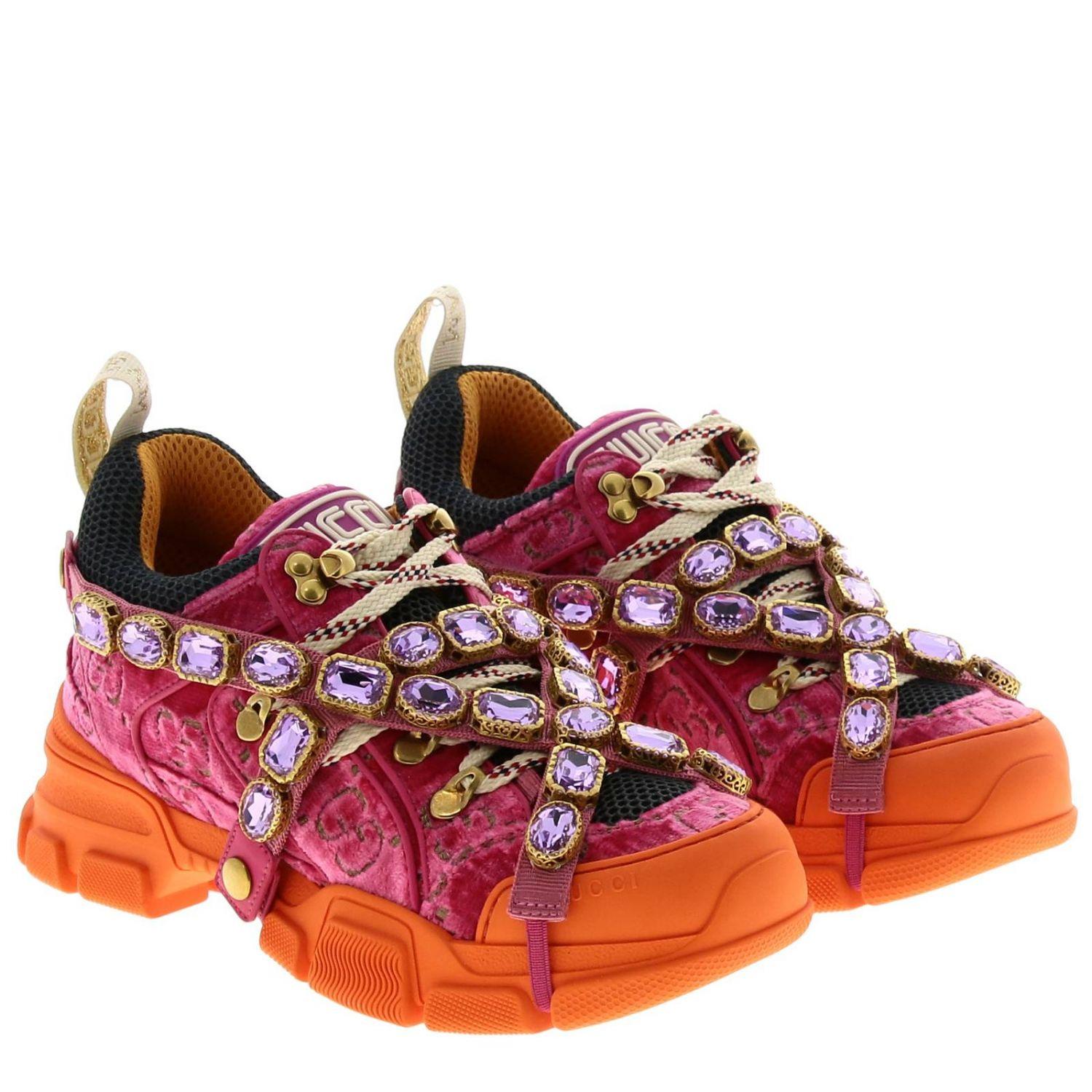 Gucci Flashtrek Lace-up Sneakers In Velvet Macro-net With Removable Rhinestone Jewels in Pink | Lyst