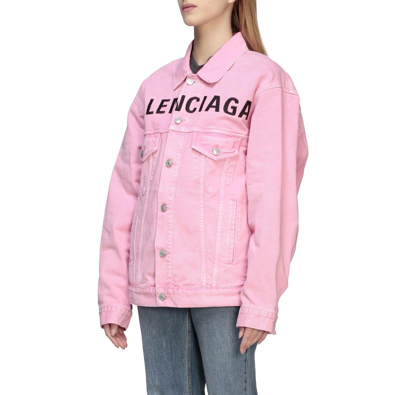 Balenciaga Embroidered Logo Denim Jacket in Pink | Lyst