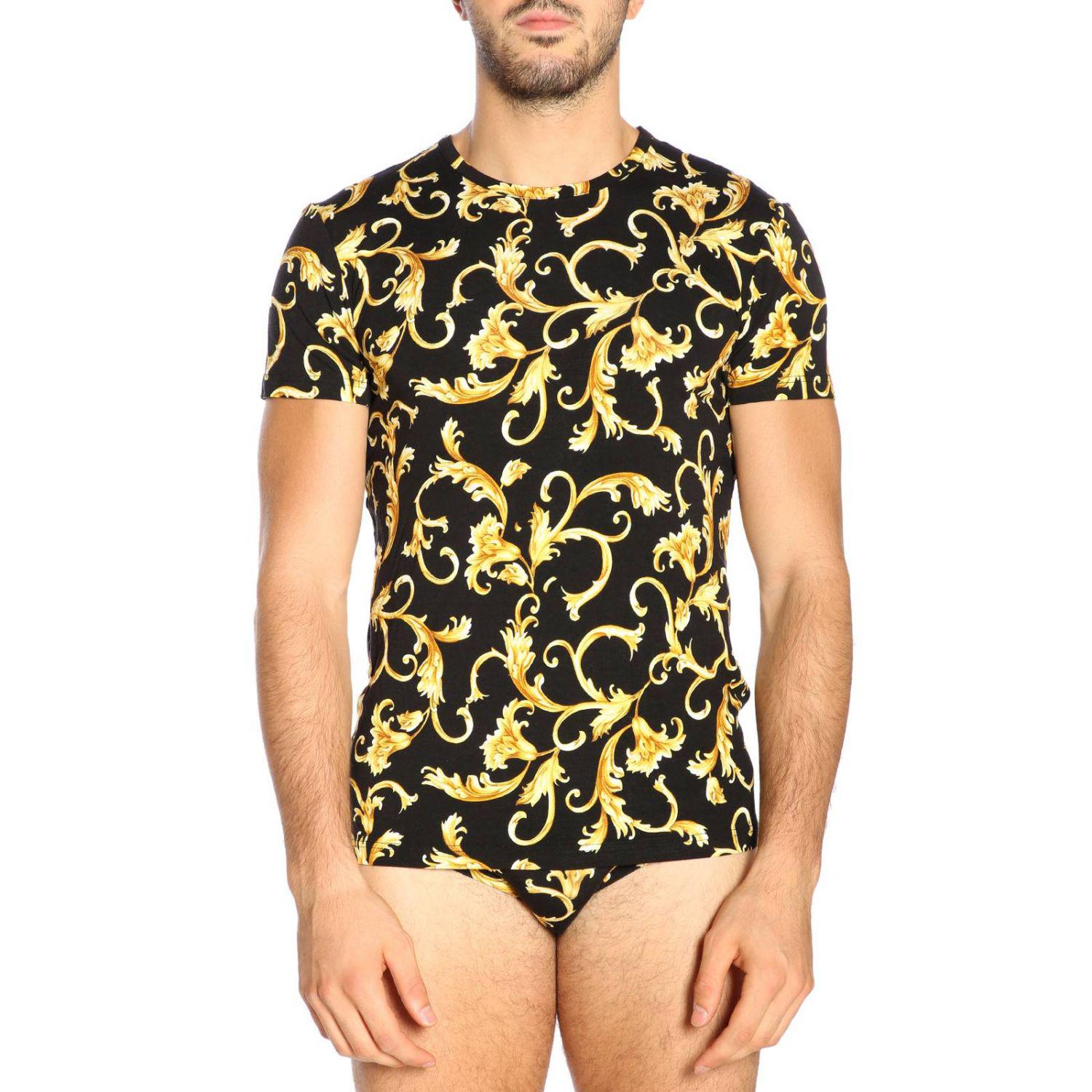 Versace Synthetic Gold Hibiscus Print Tshirt in Black for Men Lyst