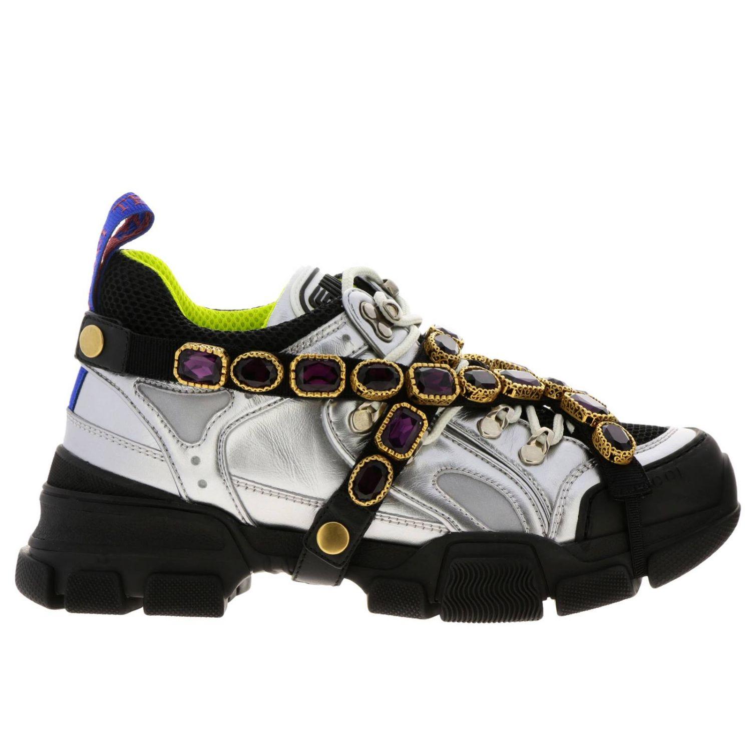 Sneakers dora running stringata in vera pelle laminata e macro rete con  gioiello di strass amovibileGucci in Pelle di colore Metallizzato | Lyst