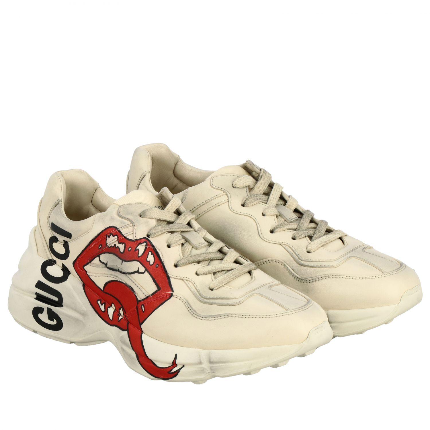 Gucci Rhyton Leather Sneakers With Maxi Mouth Print in Ivory (White) - Save  29% | Lyst
