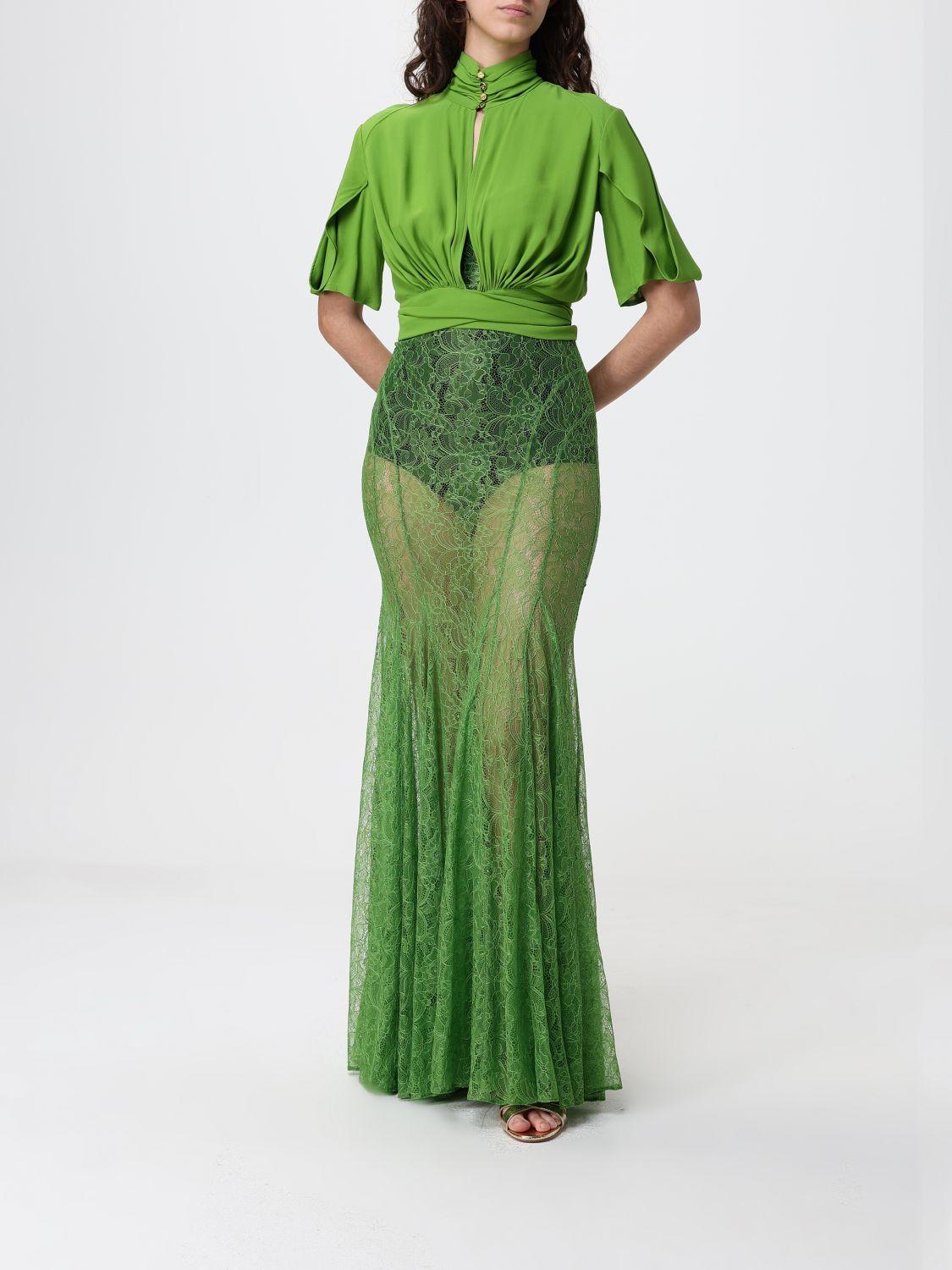 slim fit dress slacks ELISABETTA FRANCHI Women's long green dress in openwork knit with jewel  detail main image 1