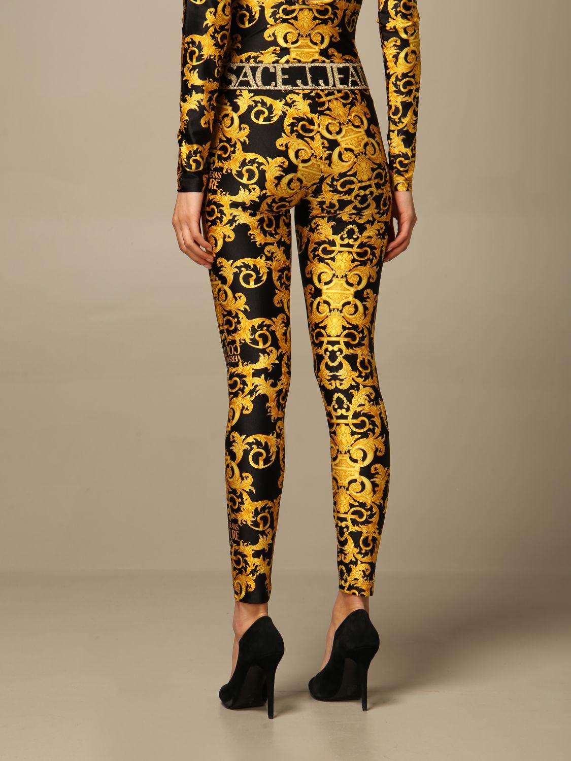 Versace Black And Gold Leggings With Baroque Print In Multi