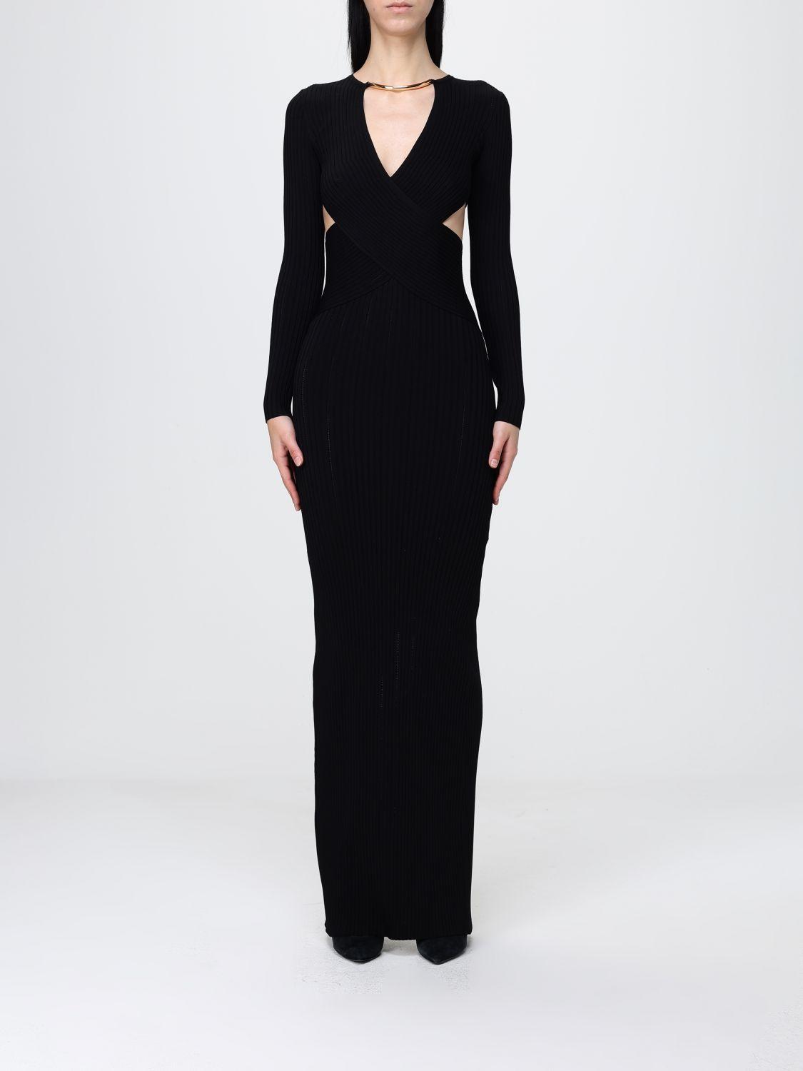 knee length dresses for ladies Elisabetta Franchi Woman Midi Dress In Knit with Ribbed Work AM30S57E2 BLACK   Khloefemme