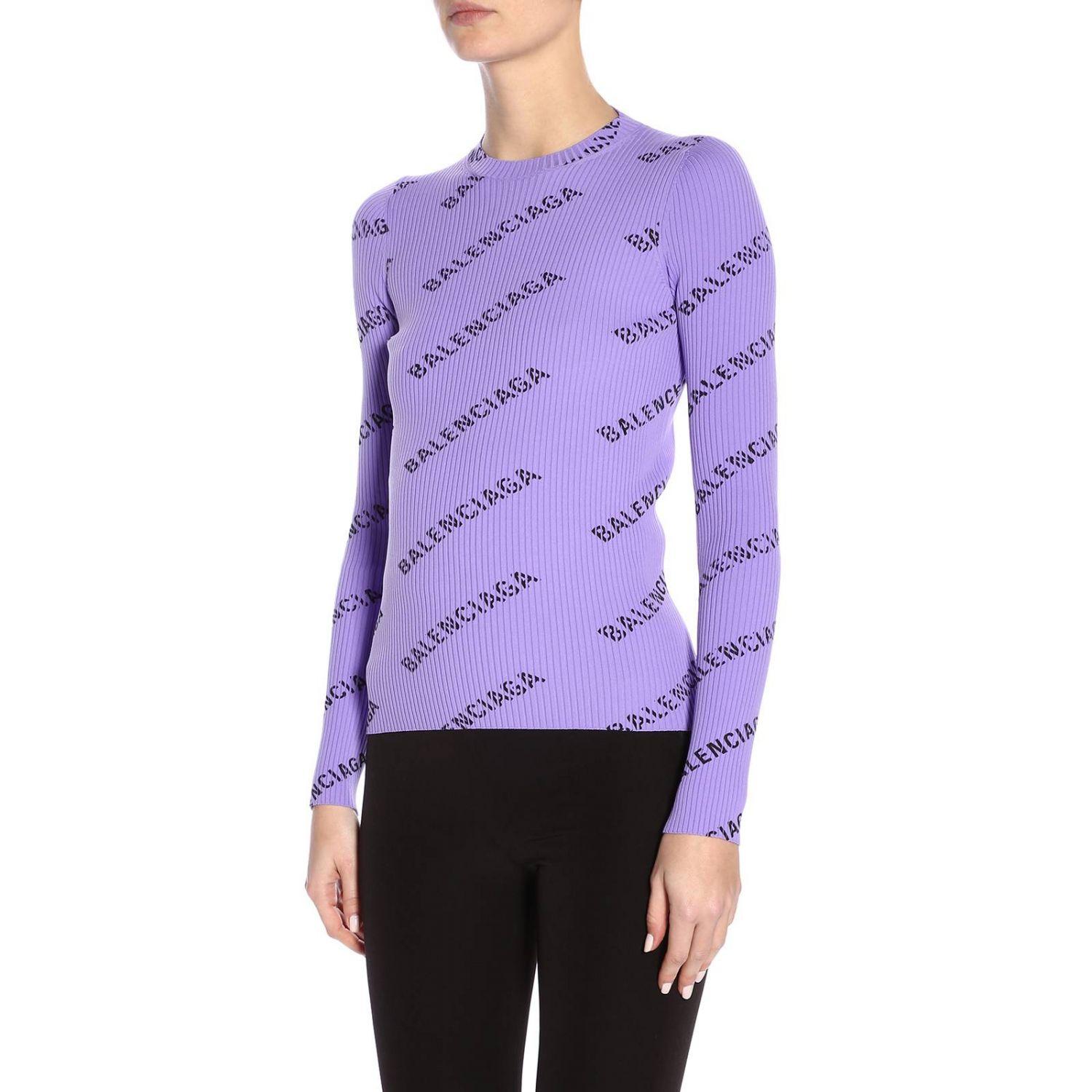 Balenciaga Allover Logo Ribbed-knit Sweater in Purple | Lyst