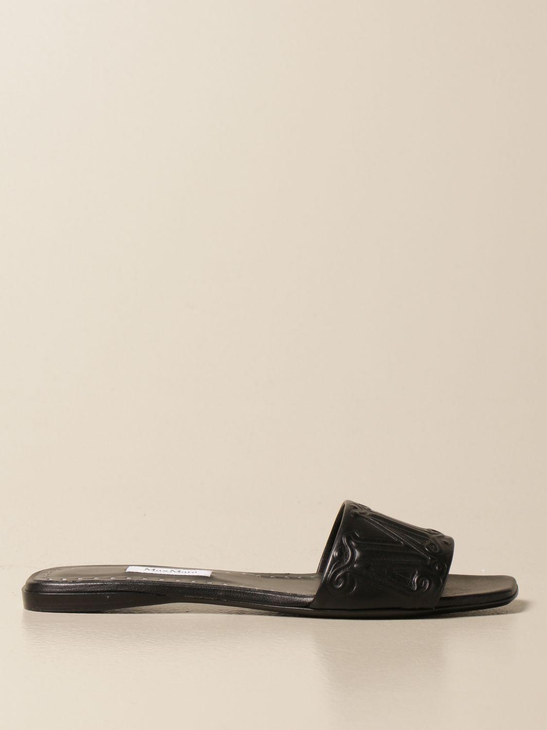 Max Mara Flat Sandals In Leather With Logo in Black - Save 14% | Lyst