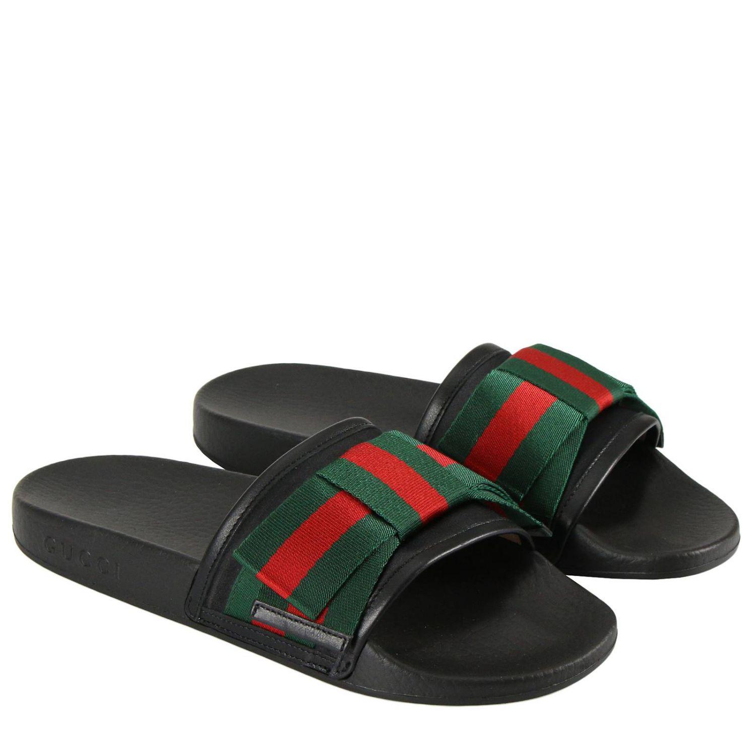 Gucci Web Bow Satin & Rubber Slide in Black | Lyst