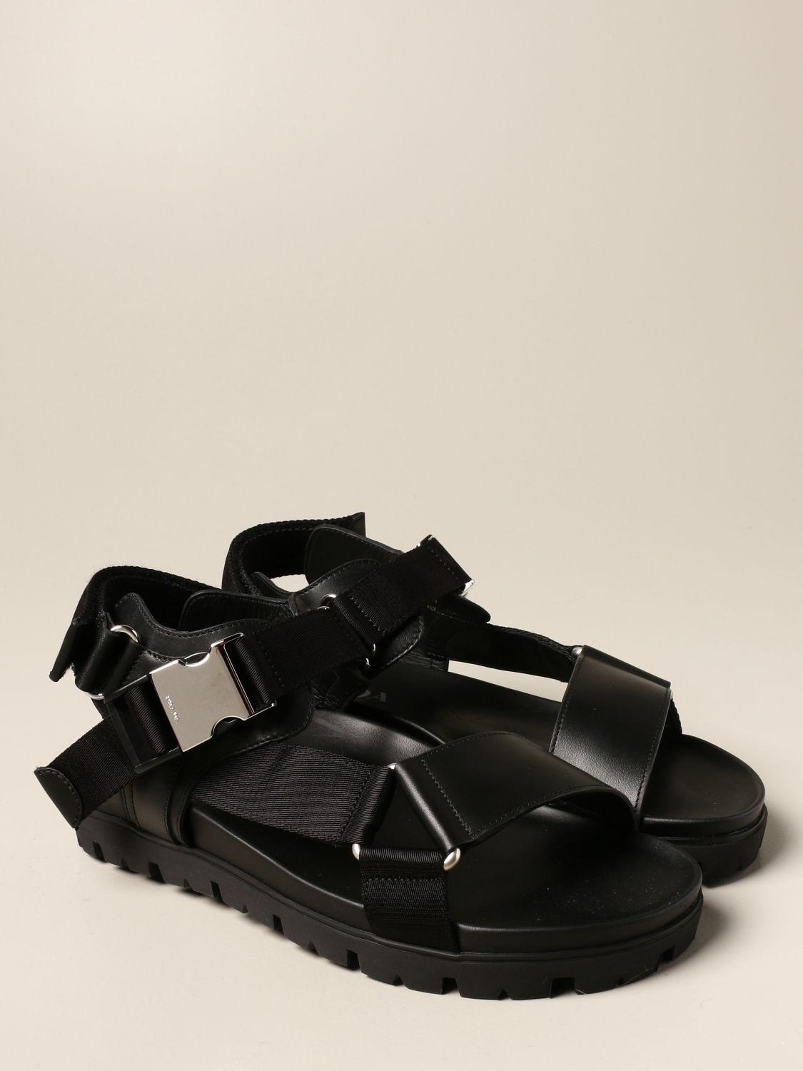 Prada Leather And Woven Tape Sandals in Black for Men | Lyst