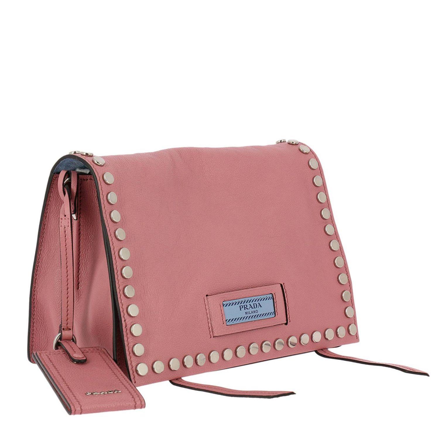 Prada Etiquette Bag Genuine Leather Glacé Shoe With Studs Logo And