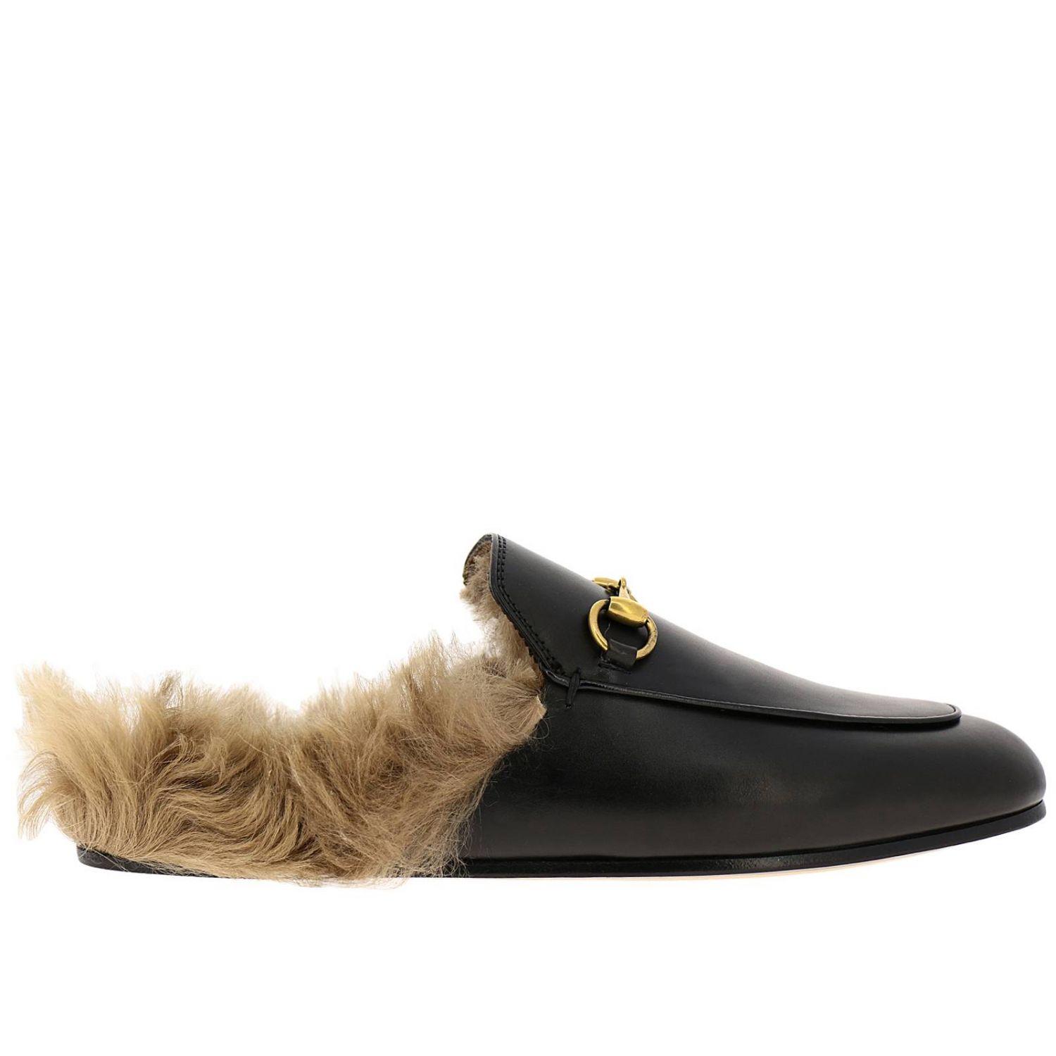 Gucci Princetown Sandals In Genuine Leather With Metal Horsebit And Fur ...