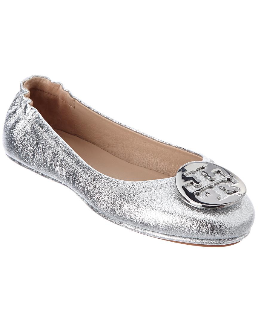 Tory Burch Minnie Travel Leather Ballet Flat in Silver