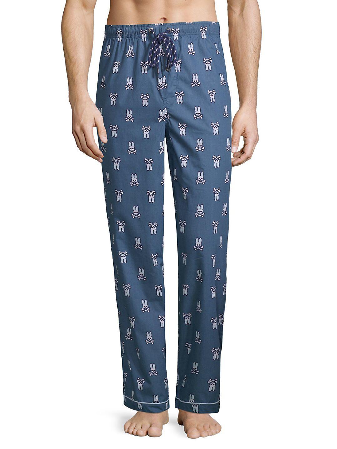 Psycho Bunny Men's Galaxy Blue Large Bunny Print Woven Lounge Pajama Pants 