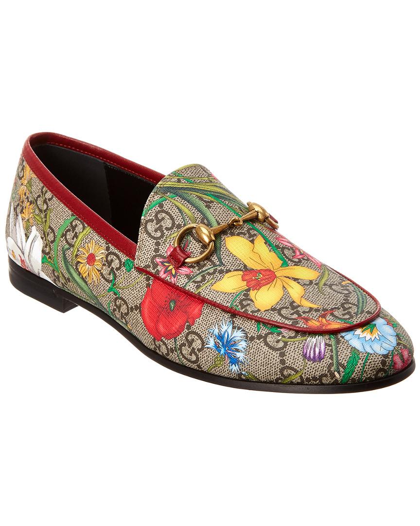 Gucci Jordaan GG Flora Canvas & Leather Loafer in Red | Lyst