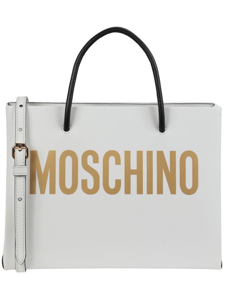 Moschino Logo Printed Small Leather Tote in White Lyst UK