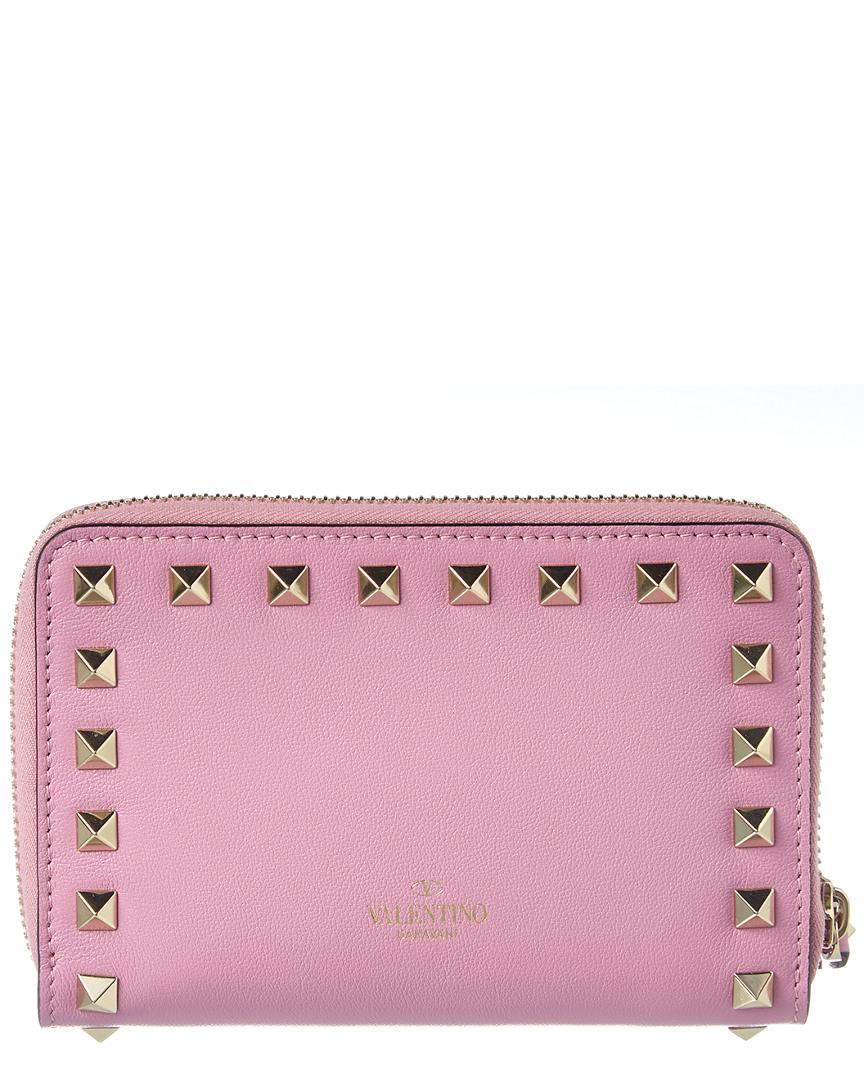 Valentino Rockstud Small Leather Zip Around Wallet in Pink | Lyst