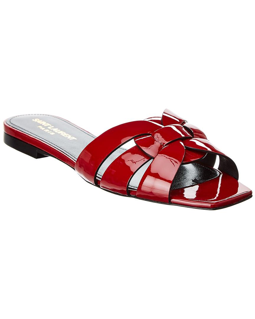 Saint Laurent Leather Tribute Flat Sandals in Red - Lyst