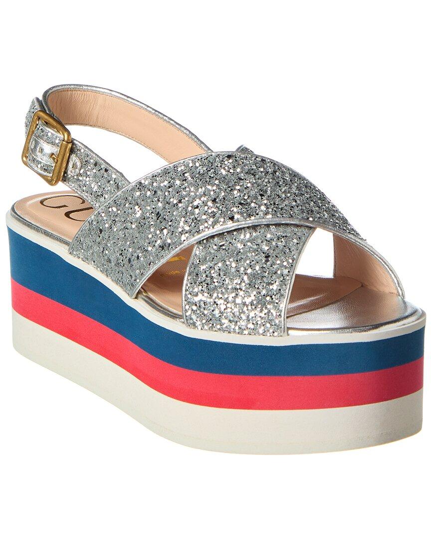 Gucci Crossover Glitter & Leather Platform Sandal in Gray | Lyst