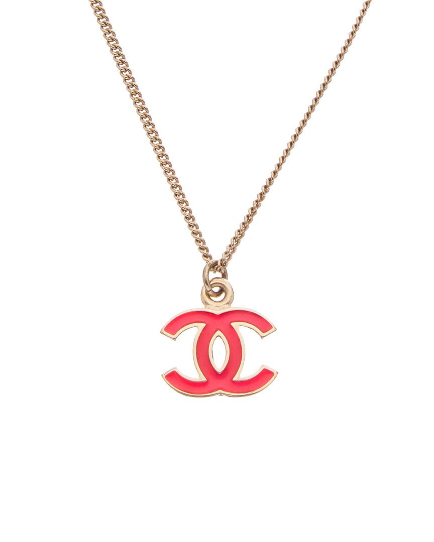 Chanel Gold-tone & Pink Enamel Cc Pendant Necklace - Lyst