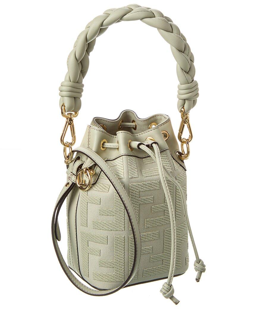 Fendi Mini Mon Tresor Bucket Bag with Woven Handle In FF Motif Canvas Beige