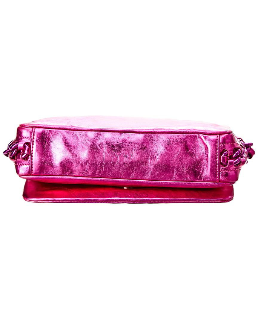 Chanel Metallic Pink Bag This small metallic pink leather cross body bag  featured a pink plated link chain that wraps around the bottom of the bag  It has an interlocking CC logo