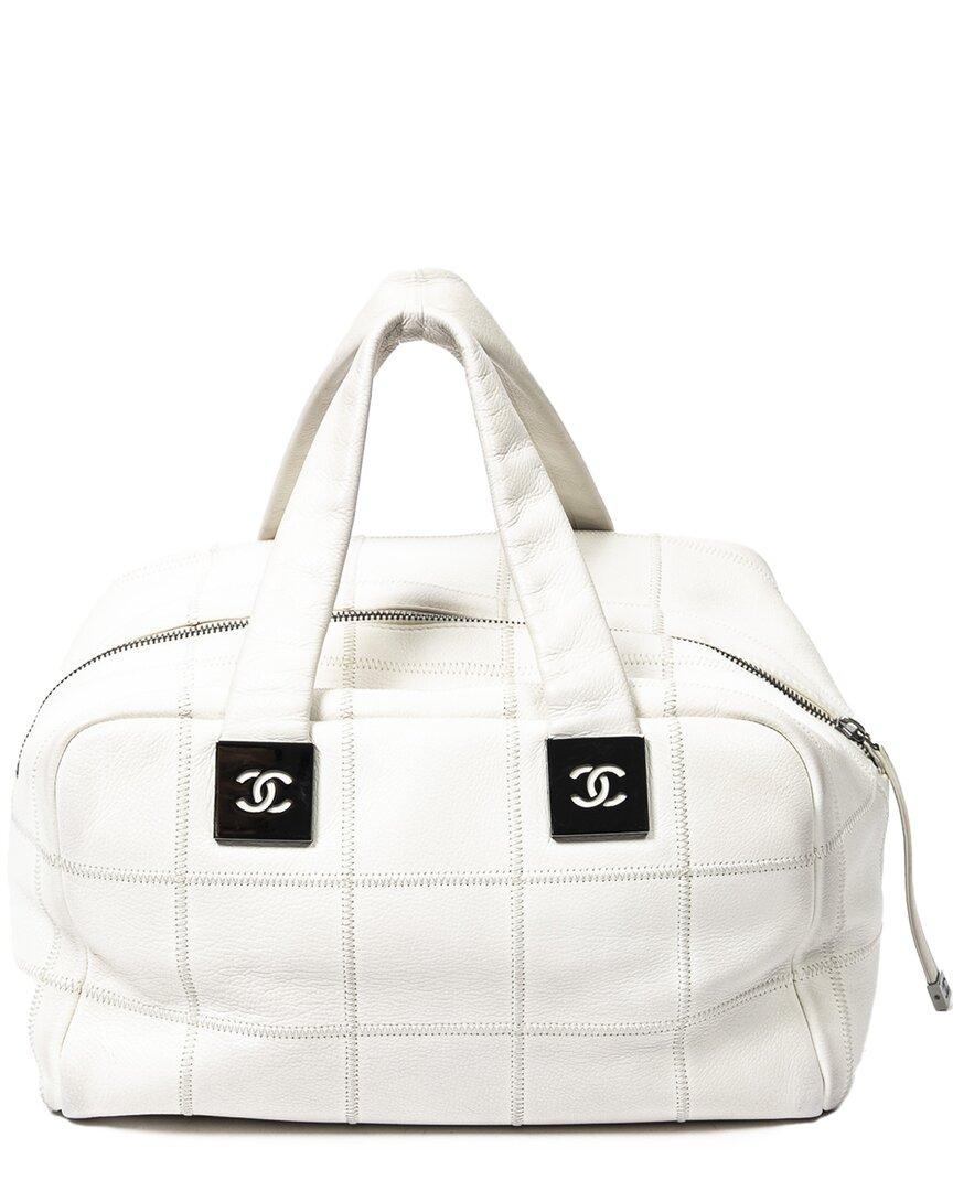 Chanel White Quilted Grained Leather Chocolate Bar Boston Bag